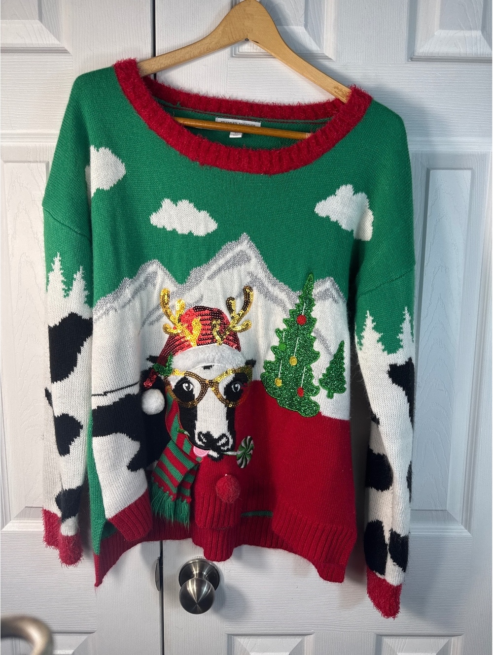 Celebrate Together XL Christmas Cow Ugly Sweater with Sequins and Pom Poms